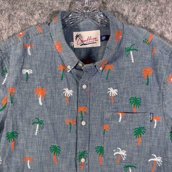Chubbies Shirt Mens XL Blue Chambray Palm Tree Print The Weekend Has Arrived - Picture 1 of 11
